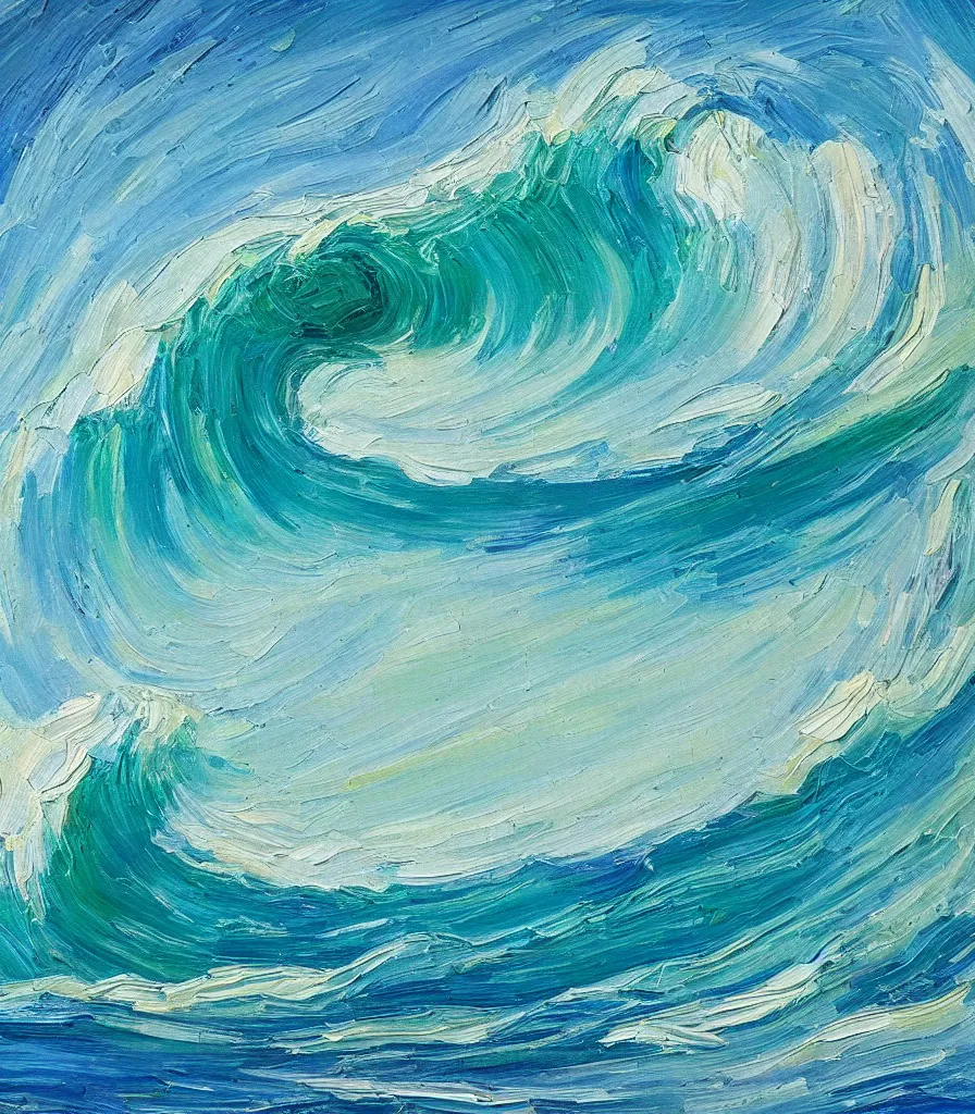 Image similar to an impasto oil painting from the inside of a barreling wave, traidic color scheme, blue and cyan colors, high detail, breathtaking wave, impressionism