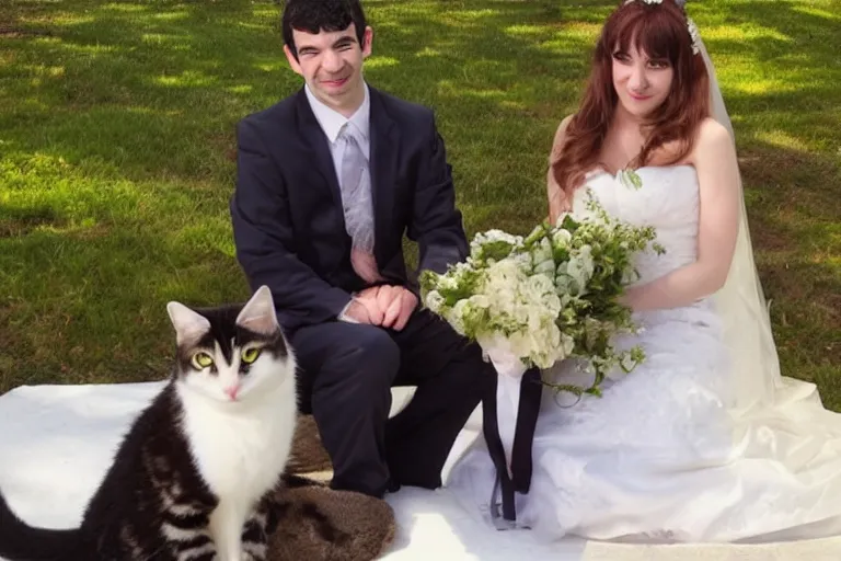 Image similar to nathan fielder getting married to a catgirl wedding photo romance novel cover cookbook photo