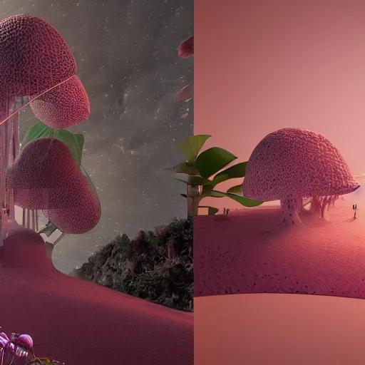 Image similar to panorama,utopia,science fiction,bio-inspired,organic,fashion design,detailed,complex,pink hues,octane render