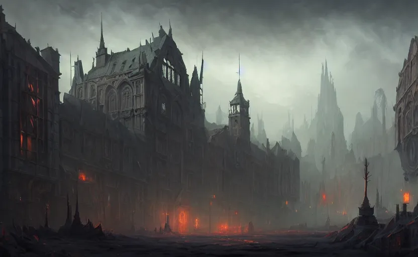Image similar to extreme long shot concept art depicted old english majestic town, dramatic mood, overcast mood, dark fantasy environment, dieselpunk, art from legends of runeterra, art from league of legends, art from arcane, art by darek zabrocki, trending on artstation, unreal engine, golden ratio, spectacular composition