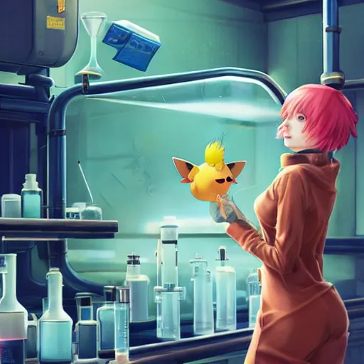 Image similar to British Pokemon original character with wild peach colored hair and heterochromia, Pixar style, beautiful woman, scientist, standing in a lab in front of a giant containment liquid filled tank, by Tristan Eaton Stanley Artgerm and Tom Bagshaw, Makoto Shinkai ilya kuvshinov and Wojtek Fus