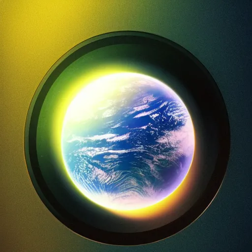 Image similar to a window with a view of the earth through it, a computer rendering by mike beeple winkelmann, behance contest winner, cubo - futurism, retrowave, synthwave, rendered in cinema 4 d