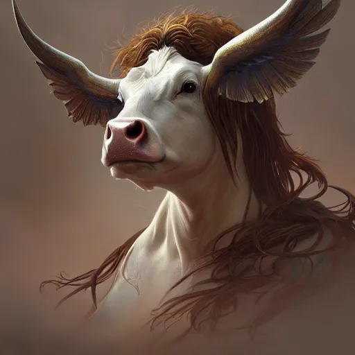 Prompt: a cow with wings, intricate, highly detailed, digital painting, artstation, concept art, smooth, sharp focus, illustration, unreal engine 5, 8 k, art by artgerm and greg rutkowski and alphonse mucha