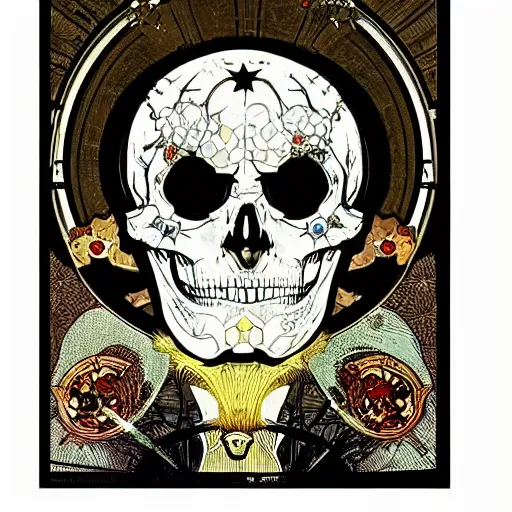 Image similar to akira manga skull portrait face skeleton explosion stars style by Alphonse Mucha pop art nouveau