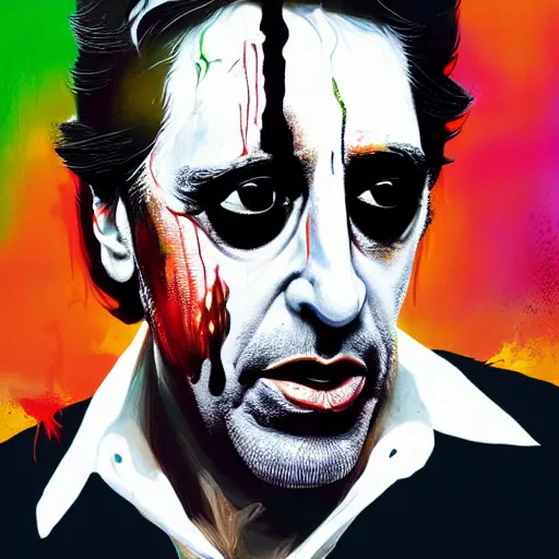 Image similar to al pacino as scarface painted by alex pardee and nekro and petros afshar, unstirred paint, vivid color, cgsociety 4 k