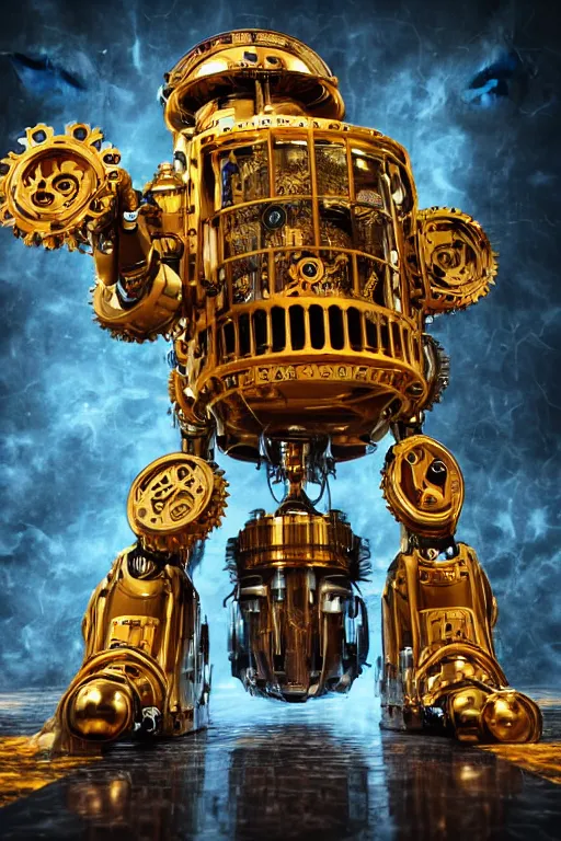 Image similar to portrait photo of a giant huge golden and blue metal steampunk robot with gears and tubes, robot is a vaccuumcleaner, on the wet floor are mop and bucket, eyes are glowing red lightbulbs, shiny crisp finish, 3 d render, 8 k, insaneley detailed, fluorescent colors, background is multicolored lasershow