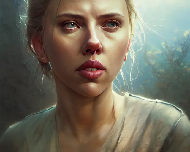 Image similar to highly detailed portrait of scarlett johansson, in the walking dead, stephen bliss, unreal engine, fantasy art by greg rutkowski, loish, rhads, ferdinand knab, makoto shinkai and lois van baarle, ilya kuvshinov, rossdraws, tom bagshaw, global illumination, radiant light, detailed and intricate environment