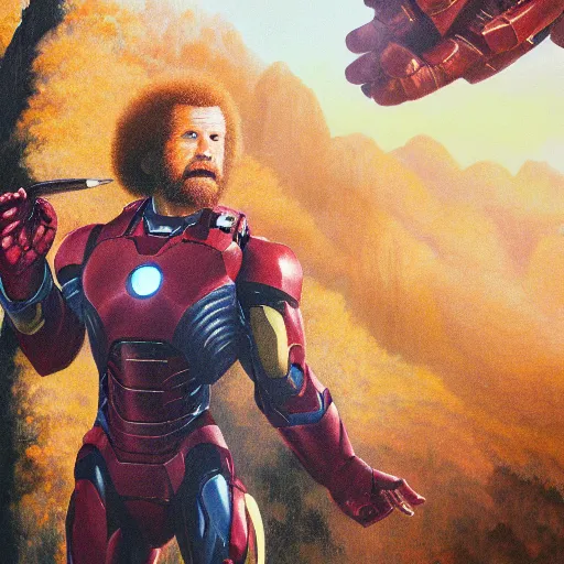 Prompt: a closeup photorealistic photograph of bob ross with a paintbrush and diligently finishing a canvas painting of iron man. mountains and trees. film still. brightly lit scene. this 4 k hd image is trending on artstation, featured on behance, well - rendered, extra crisp, features intricate detail, epic composition and the style of unreal engine.