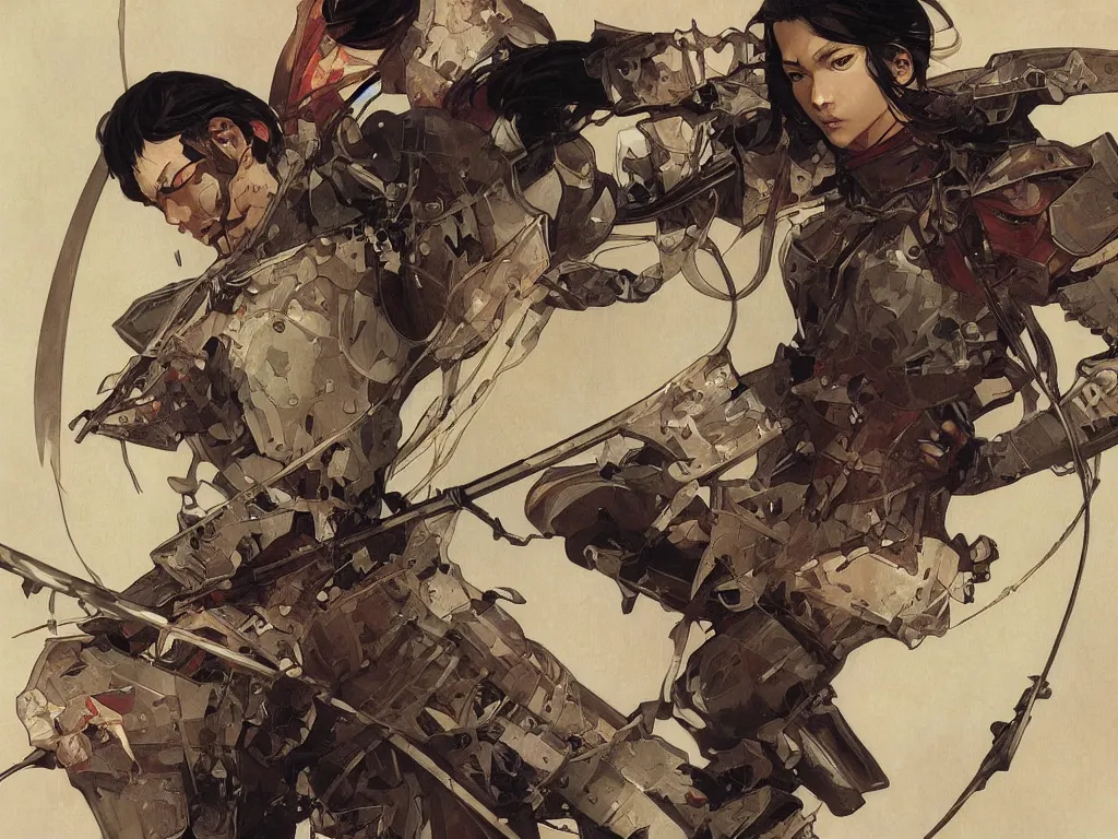 Image similar to close up of a wounded samurai in full armor, by fiona staples, range murata, alphonse mucha