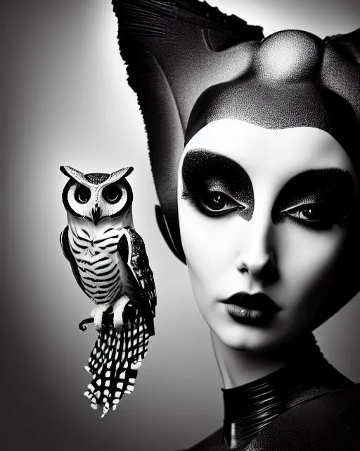 Image similar to surreal mythical dreamy dark artistic black and white fine art 3 / 4 fashion portrait photo of a young beautiful delicate female robot with realistic orchid - owl face, rim light, cinematic, studio dramatic light, poetic, masterpiece, octane render, 8 k, photo - realistic by hg giger and man ray