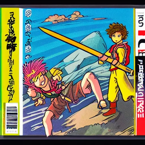 Prompt: 11-year-old boy with crazy hair holding scimitar, boy going on adventure, Nintendo Famicom boxart, 1987 video game boxart