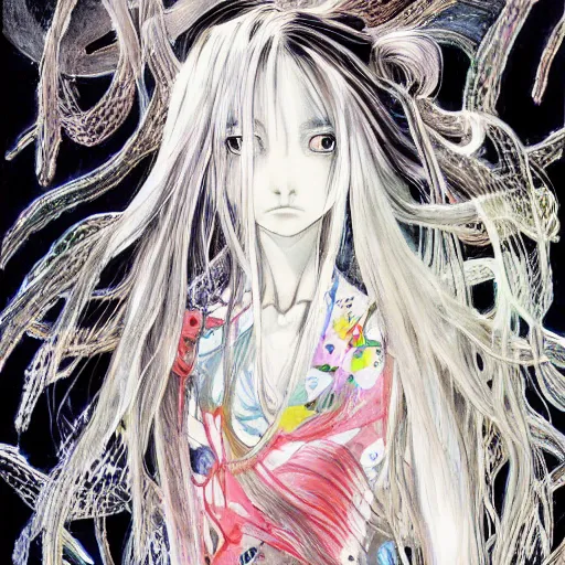 Image similar to yoshitaka amano realistic illustration of a manga girl with black eyes and long wavy white hair wearing dress suit with tie and surrounded by abstract junji ito style patterns in the background, blurry and dreamy illustration, noisy film grain effect, highly detailed, oil painting with expressive brush strokes, weird portrait angle