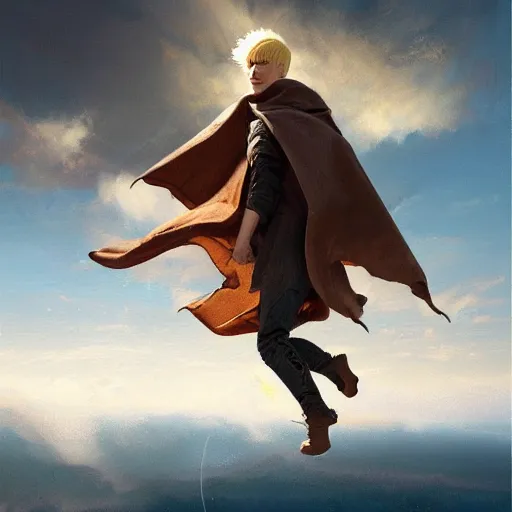 Image similar to yellow eyed blonde boy wearing a brown cape and flying in t pose, closeup, powerful, space background, oil painting, brush strokes, greg rutkowski