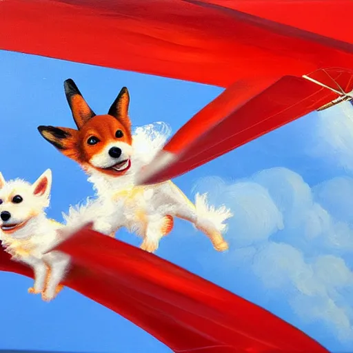 Prompt: 3 toy fox terriers flying a biplane, wearing red scarves flapping in wind, dramatic oil painting, aperture gradient