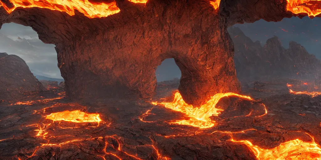 Prompt: Rocky arch connect two sides from left to right over the canyon with lava leak, in the distance ancient castle with destroyed tower, highly detailed, matte painting, wide lens, ultra realistic, 4k, 8k resolution, trending on artstation, octane render, unreal engine.