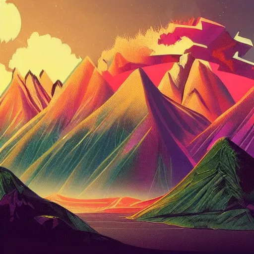 Prompt: a landscape with mountains, epic retrowave art, trending on art station