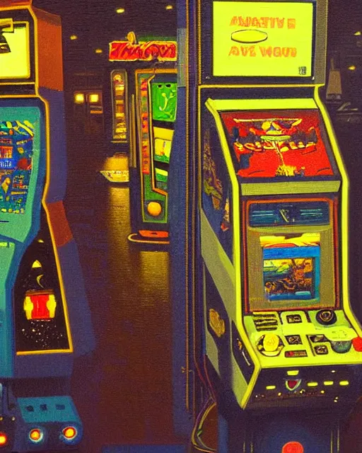 Prompt: arcade at night. 8 0 s era technology, vintage shapes, retro technology, vintage color, wayne barlow, oil on canvas, deep depth of field, masterpiece, cinematic composition, hyperdetailed