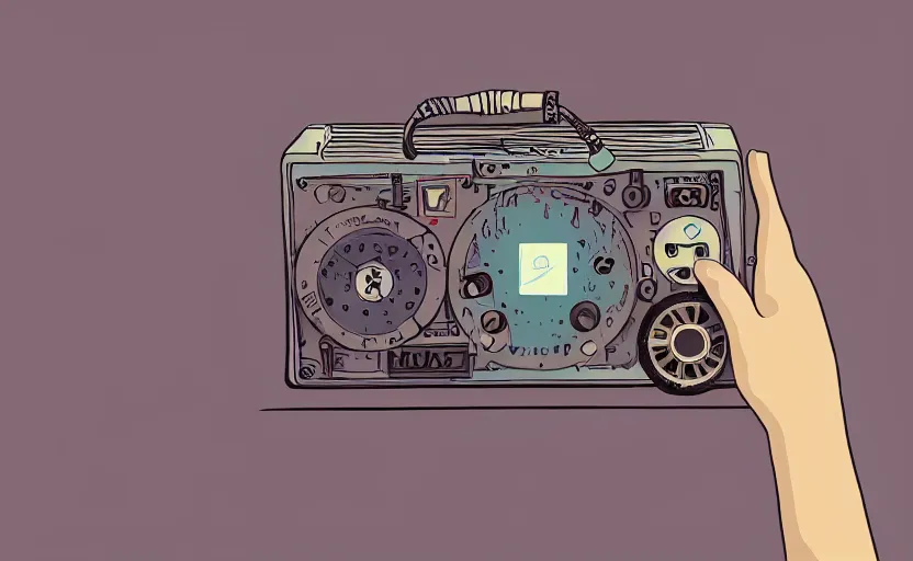 Image similar to person holding an old broken hand radio with dials, james gilleard, print, game art