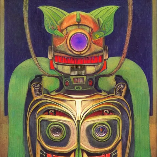 Image similar to robot wearing a luna moth mask, by annie swynnerton and leo and diane dillon and adolf wolfli and ( diego rivera ), elaborate costume, little glowing lights, rich color, dramatic cinematic lighting, smooth, sharp focus, extremely detailed