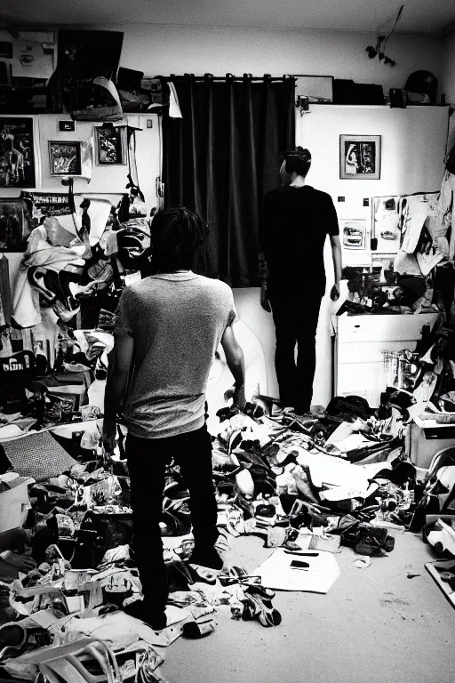 Prompt: kodak ultramax 4 0 0 photograph of a guy dressed in black standing in a cluttered messy room, back view, grain, faded effect, vintage aesthetic,