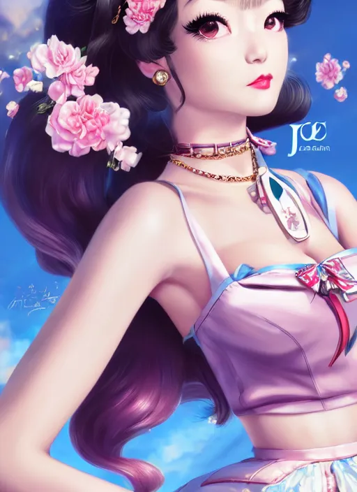 Image similar to a pin up and beautiful fashion dreamlke japan girl with lv jewelry, character art, art by artgerm, wlop, loish, hyperdetailed, 8 k realistic, symmetrical, global illumination, radiant light, frostbite 3 engine, cryengine, dof, trending on artstation, digital art, chanel, dior, detailed background