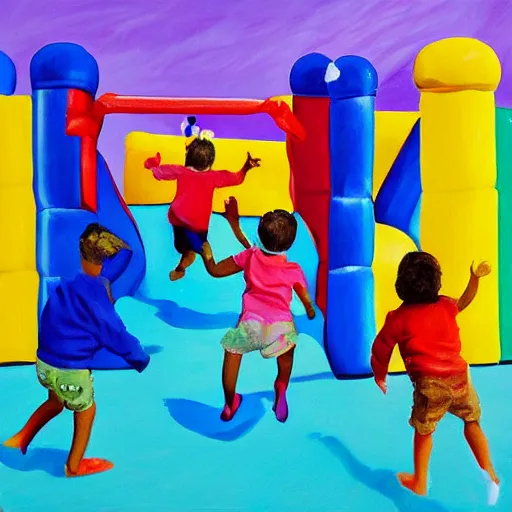 Prompt: a painting of young children jumping in a bouncy castle made of jell - o, with very dramatic lighting, realistic