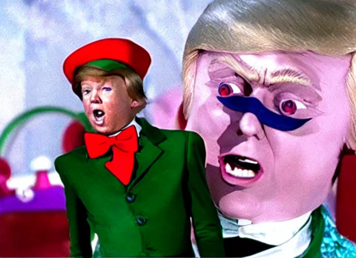 Image similar to film still of Donald Trump as Peter Pan in Willy Wonka's and the Chocolate Factory 1971