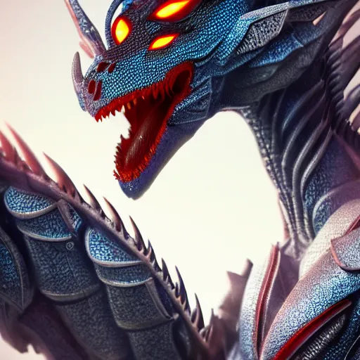 Image similar to stunning cinematic realistic close upward shot of a beautiful hot anthropomorphic robot female dragon, well designed highly detailed cute female dragon head with slick eyes, looking down at the camera with a smirk, well armored, detailed claws, high quality, HD octane render, fantasy, furry art, Artstation, Deviantart, Furaffinity