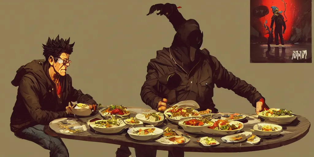 Image similar to cartoonish lou reed eating dinner, vivid colors, character sheet, fine details, concept design, contrast, kim jung gi, greg rutkowski, trending on artstation, 8 k, full body, turnaround, front view, back view, ultra wide angle