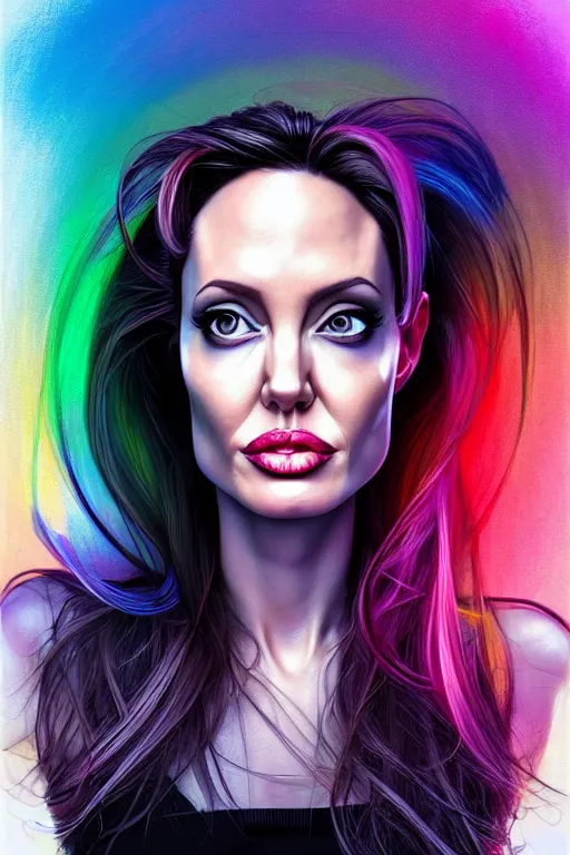 Image similar to a award winning half body portrait of a angelina jolie with stunning eyes in a croptop and cargo pants with rainbow colored hair, outlined by whirling illuminated neon lines and fine lines swirling in circles by jesper ejsing and rhads and makoto and shinkai and lois van baarle, digital art, trending on artstation