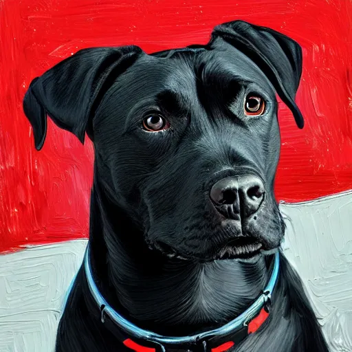 Prompt: painting of a black pitbull lab wearing thin red dog - collar, hyper detailed, thin brush strokes, oil painting