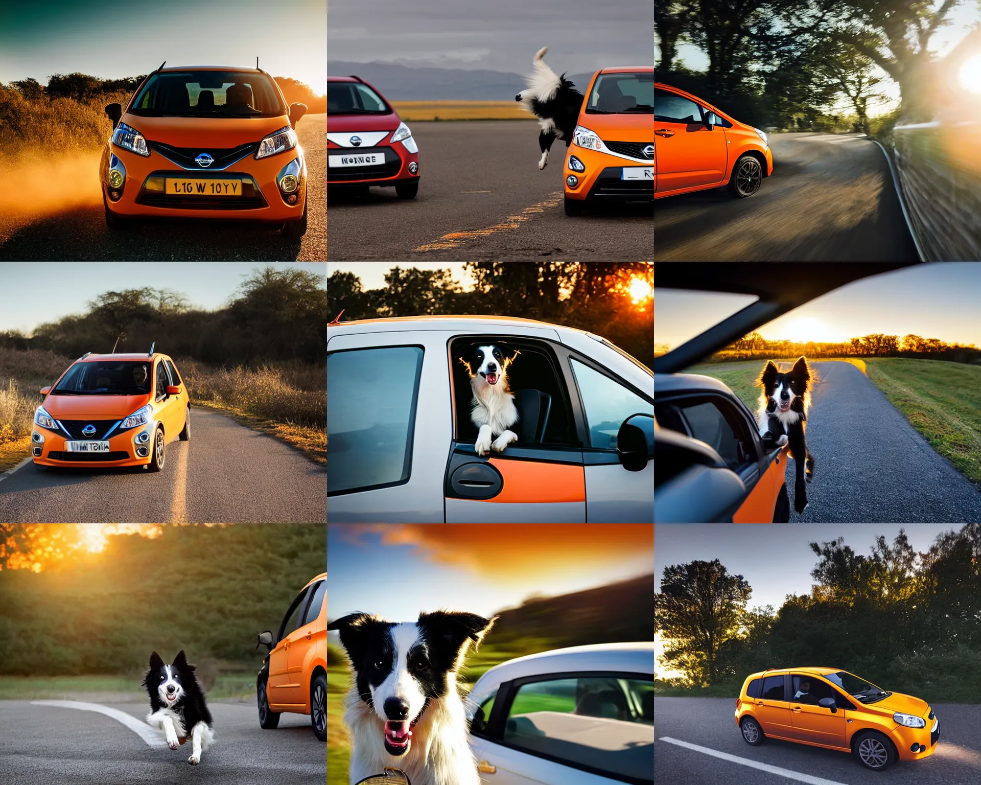 Prompt: border collie dog operating an orange nissan note, paws on wheel, car moving fast, award winning photo, golden hour, neil leifer