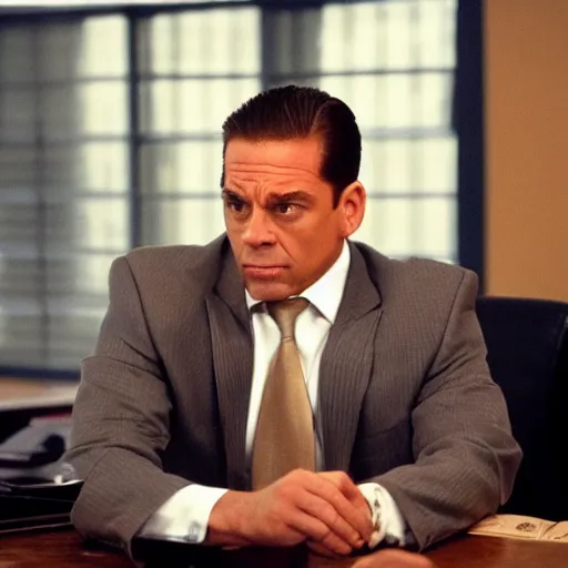 Image similar to Jean Claude Vandamme as Michael Scott on the office, cinematic still, high quality,