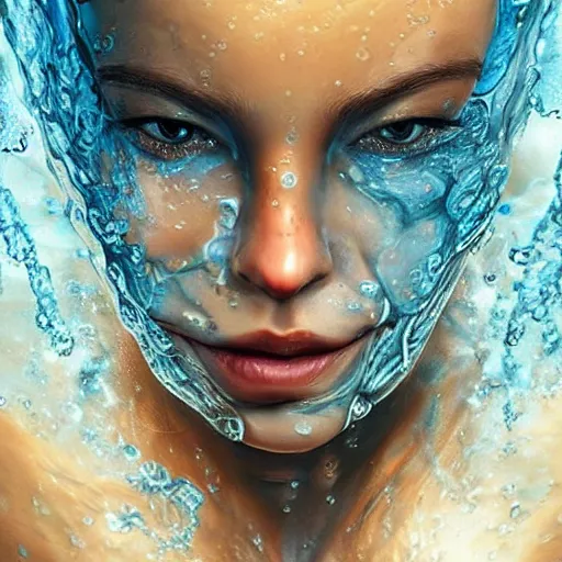 Image similar to the face of a person entirely made of water. Water formed into the shape of a human. Amazing beautiful fantasy art, trending on artstation