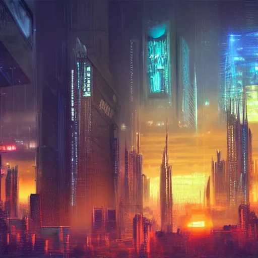 Prompt: beautiful cyberpunk cityscape, sun setting, volumetric clouds, painting by bob ross