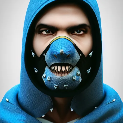 Image similar to a highly detailed, portrait of a man with black hair with a black medical mask, in a hood in the form of a blue shark with white teeth, artstation, DeviantArt, professional, octane render, digital art