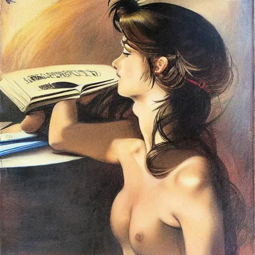 Image similar to a girl reading book, hair flowing down, in the style of Frank Frazetta, Jeff Easley, Caravaggio, extremely clear and coherent, clear lines, 8K revolution