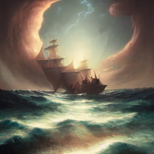 Prompt: a huge pirate ship with lights on and white sails at night, stormy ocean, tumultuous clouds, epic scene, peter mohrbacher