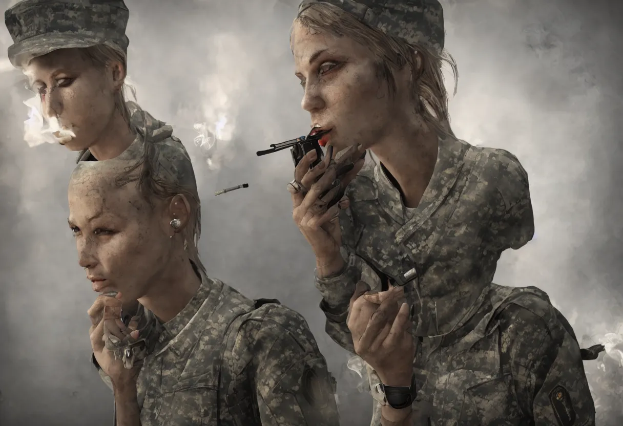 Prompt: Female soldier from post apocalyptic world smoking a cigarette, rendered in Unreal Engine, realistic lighting, 8K