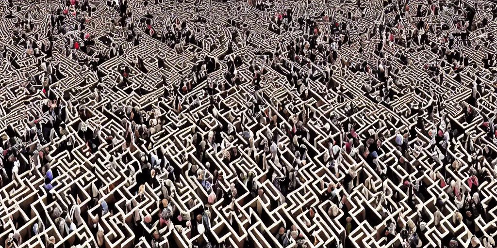 Prompt: intricate maze plenty of humans trying to reach the top