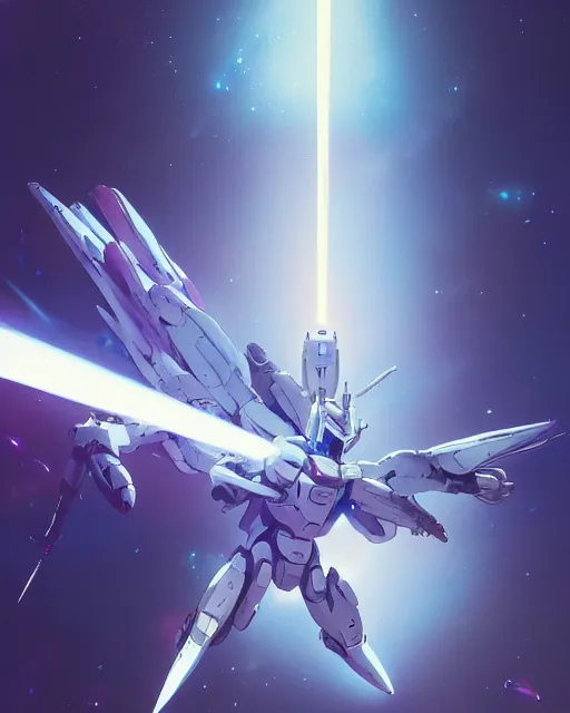 Image similar to highly detailed vfx portrait of an white wings gundam with wings of feathers beam saber fighting in space with a beam gun, unreal engine, greg rutkowski, loish, rhads, beeple, makoto shinkai and lois van baarle, ilya kuvshinov, rossdraws, tom bagshaw, alphonse mucha, global illumination, detailed and intricate environment