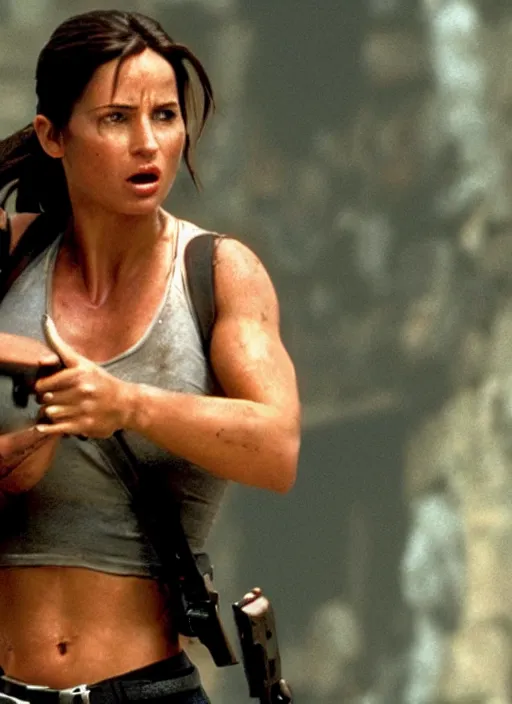 Prompt: film still of Lara Croft as John McClane in Die Hard, Thicc, Bulging chest, 4k