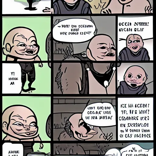 Prompt: george rr martin in a cartoon strip talking to a screaming chucky doll