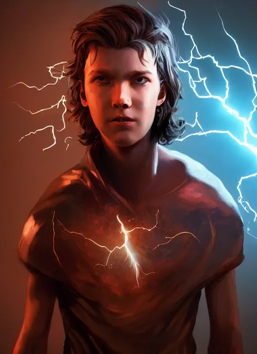 Image similar to An epic fantasy comic book style portrait painting of a young boy surrounded by lightning and power, unreal 5, DAZ, hyperrealistic, octane render, cosplay, RPG portrait, dynamic lighting