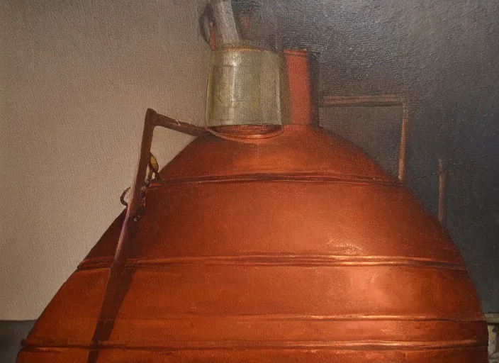 Image similar to oil painting of vintage copper still