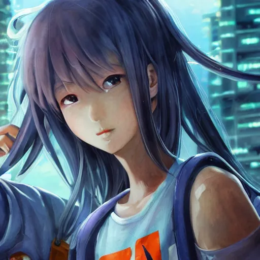 Image similar to dynamic composition, motion, ultra-detailed, incredibly detailed, a lot of details, amazing fine details and brush strokes, colorful and grayish palette, smooth, HD semirealistic anime CG concept art digital painting, watercolor oil painting of Clean and detailed post-cyberpunk sci-fi close-up schoolgirl in asian city in style of cytus and deemo, blue flame, relaxing, calm and mysterious vibes,, by a Chinese artist at ArtStation, by Huang Guangjian, Fenghua Zhong, Ruan Jia, Xin Jin and Wei Chang. Realistic artwork of a Chinese videogame, gradients, gentle an harmonic grayish colors. set in half-life 2, Matrix, GITS, Blade Runner, Neotokyo Source, Syndicate(2012), dynamic composition, beautiful with eerie vibes, very inspirational, very stylish, with gradients, surrealistic, dystopia, postapocalyptic vibes, depth of field, mist, rich cinematic atmosphere, perfect digital art, mystical journey in strange world