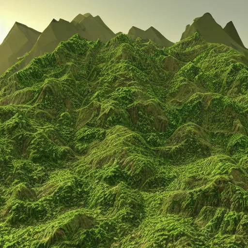 Image similar to a computer generated image of a mountain landscape, an ambient occlusion render by miyamoto, polycount, ecological art, prerendered graphics, made of vines, ambient occlusion