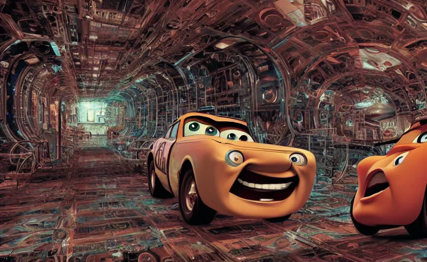 Image similar to mater from cars in a mirrored fractal hallway, romance novel cover, in 1 9 9 5, y 2 k cybercore, industrial photography, still from a ridley scott movie