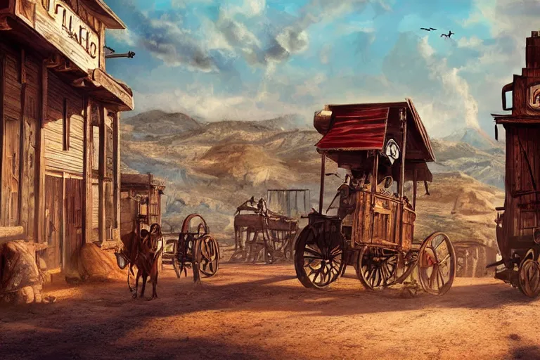 Image similar to concept art, wild west town, cinematic