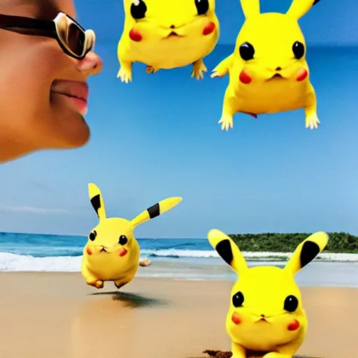 Prompt: award winning photograph a of a group of pikachus playing at the beach, this picture was designed as the cutest in a competition of nature photography in 2021, trending on artstation, digitally enhanced, sunny day